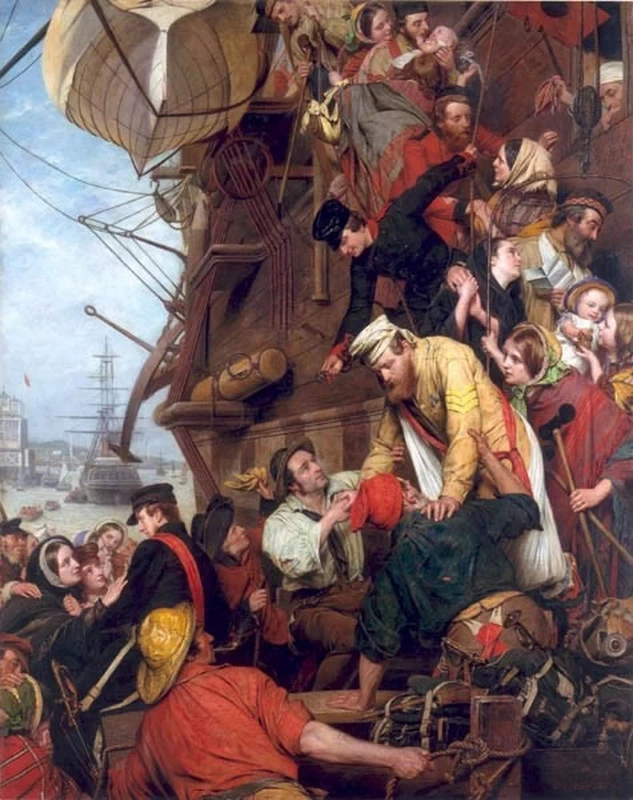 Soldati britannici sbarcano nel 1858 da una nave trasporto truppe a Gravesend - National Army Museum